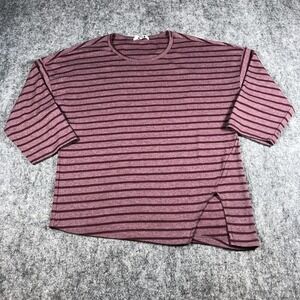 Three Dots Shirt Womens Small‎ Burgundy Striped 3/4 Sleeve Crewneck Split Hem